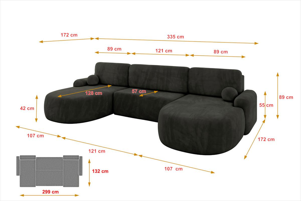WOHNLANDSCHAFT mit Schlaffunktion und Bettkasten LIRA-U - 335x172x89 Schwarz - Schwarz Hochglanz, Holzwerkstoff/Textil (335/89/172cm) - ALTDECOR