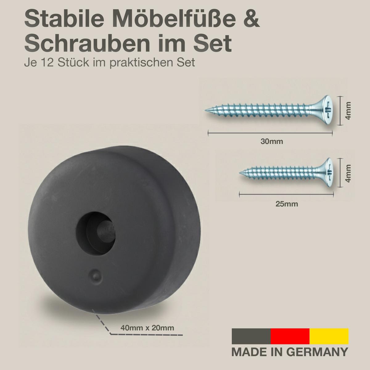 MÖBELGLEITER 40/20 mm 12 Stück inkl 25mm & 30mm Schrauben - Schwarz, Kunststoff (4/4cm) - K-Möbel
