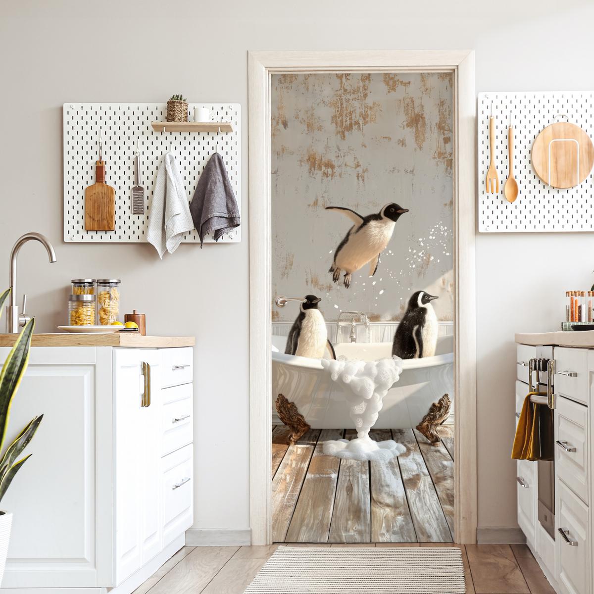 TÜRAUFKLEBER Vintage - Pinguin - Badewanne - Schaumstoff Fototapete 75x205 cm - Türtapete - Hellbraun, Kunststoff (75/0.1/205cm) - MuchoWow