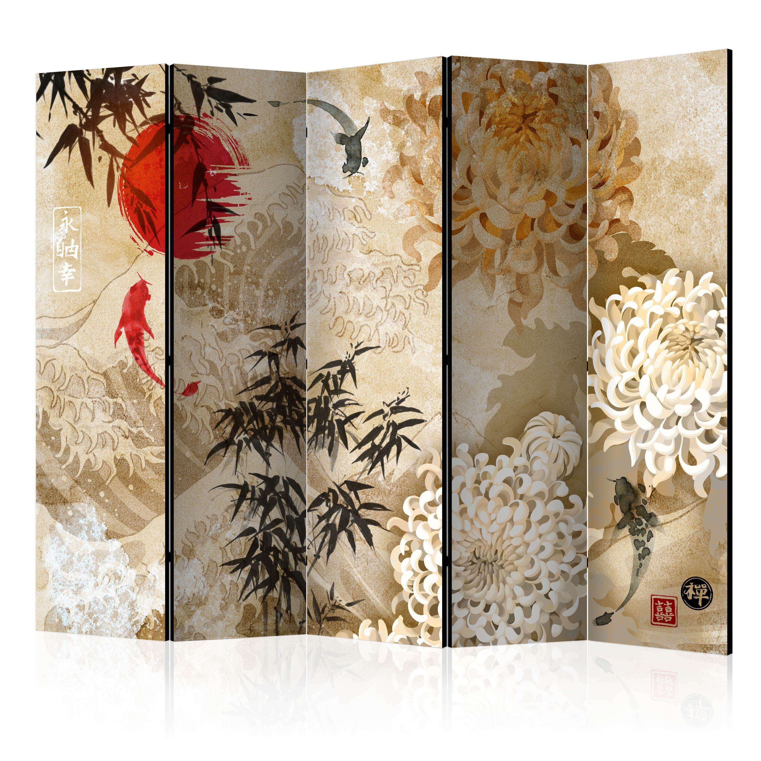 PARAVENT Akustik 5-tlg 225x172 cm Koi-Fische Japanischer - Braun, Holz/Textil (225/172/3cm) - Muralo
