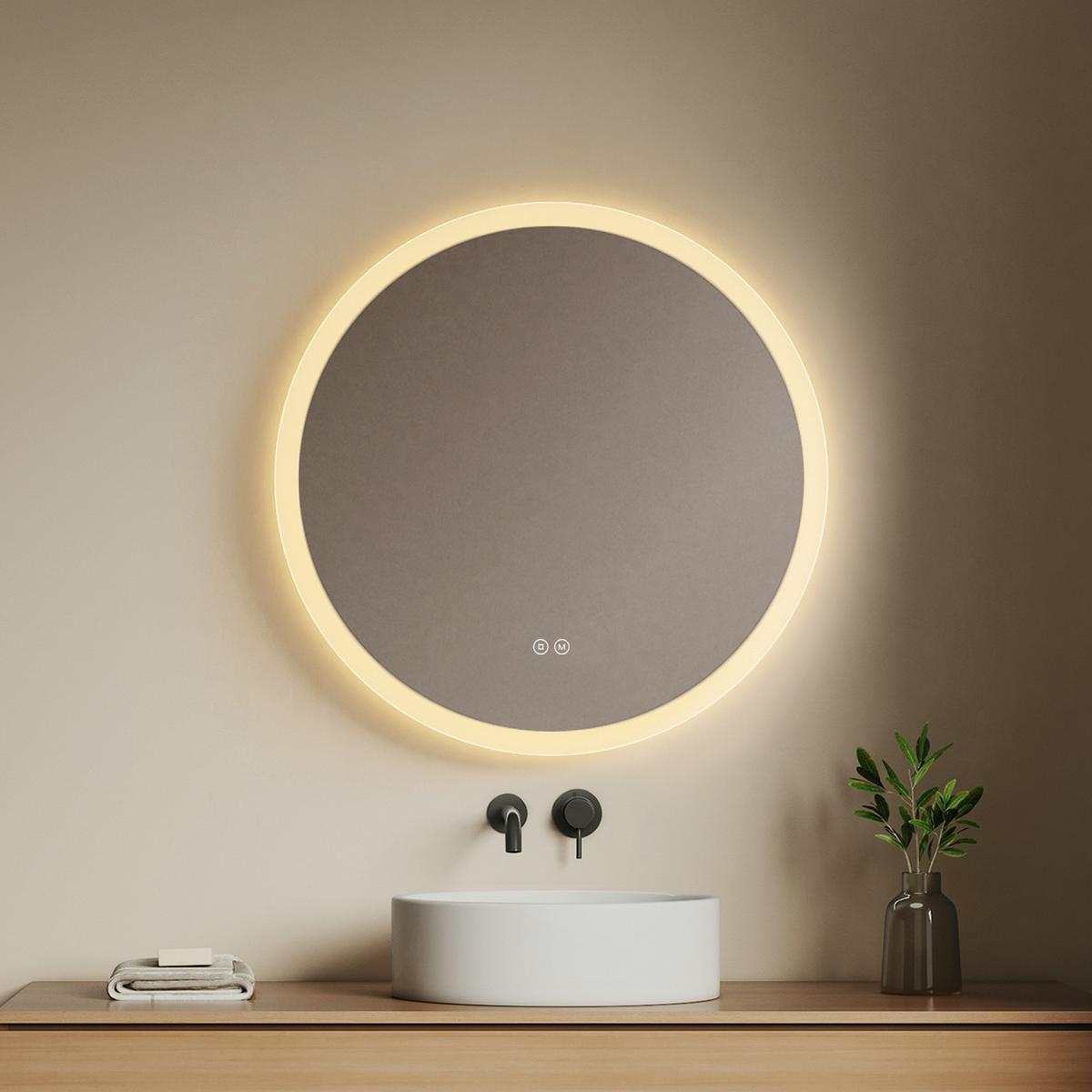 BADSPIEGEL Rund mit LED-Beleuchtung Ø 70 cm, 3 Lichtfarben, beschlagfrei - Transparent, Glas (70/70/3.5cm) - EMKE