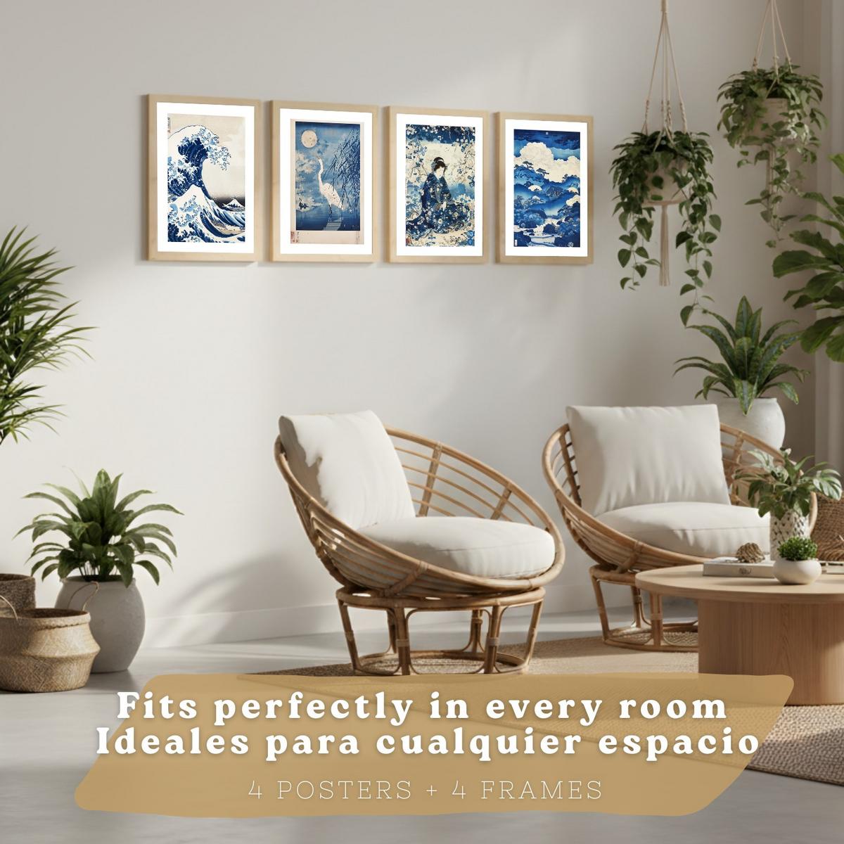 POSTER 4er Bilder-Set Wandbilder Japanisch modern Wohnzimmer Deko, Schlafzimmer, Küche, Badezimmer Leichter Holzrahmen A3 - Beige, Papier (29.7/1/42cm) - Nacnic