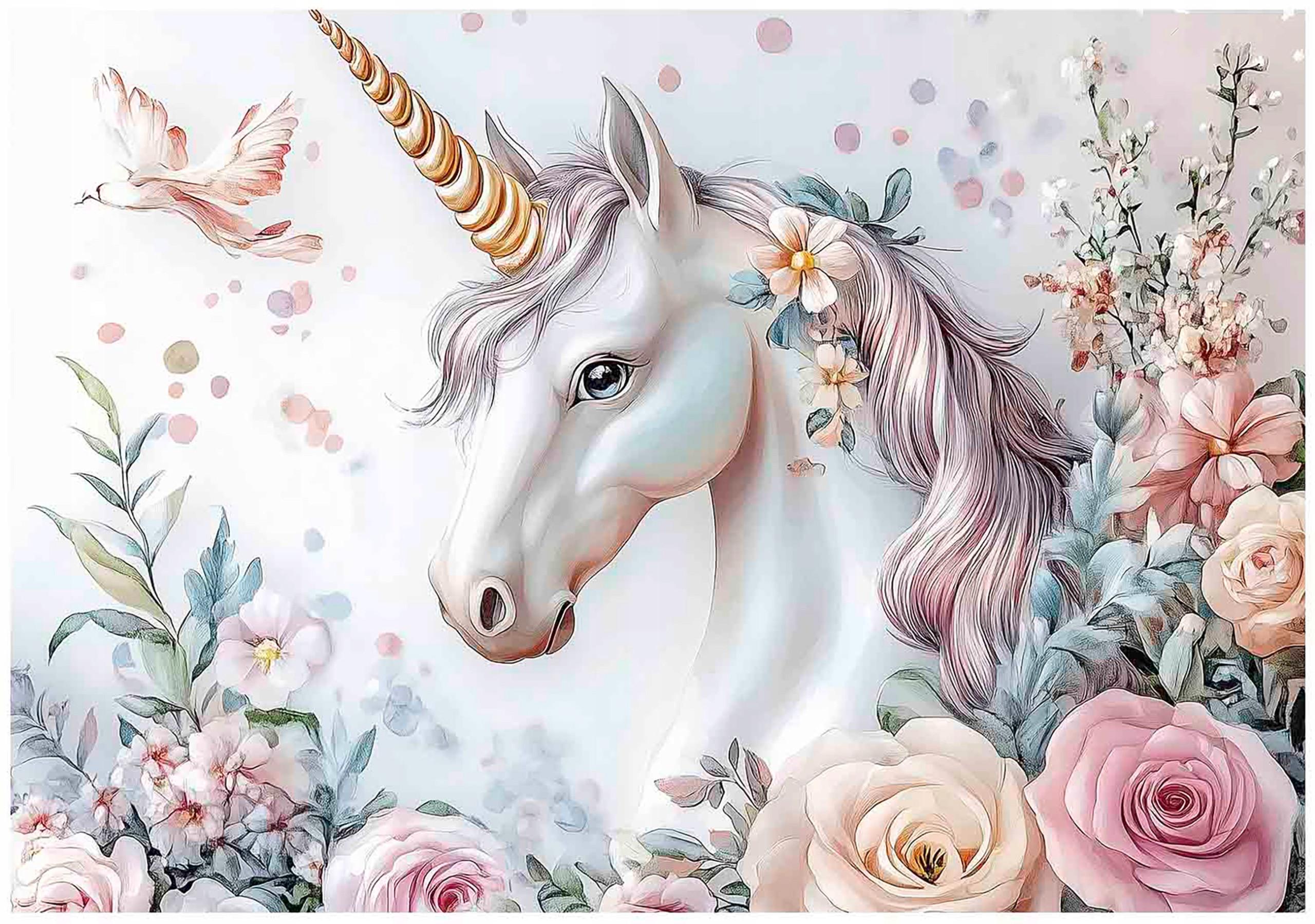 FOTOTAPETE Kinderzimmer Einhorn Blumen 350x250 - Multicolor, Papier (350/250cm) - Wallarena