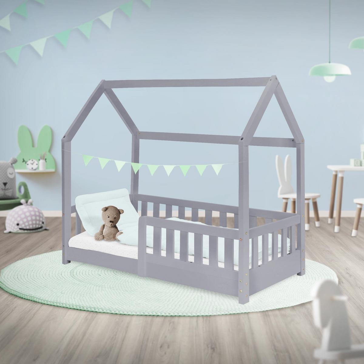 KINDERBETT mit Dach und Matratze 70x140 cm Hellgrau - Hellgrau, Holz (70/140cm) - ML-DESIGN