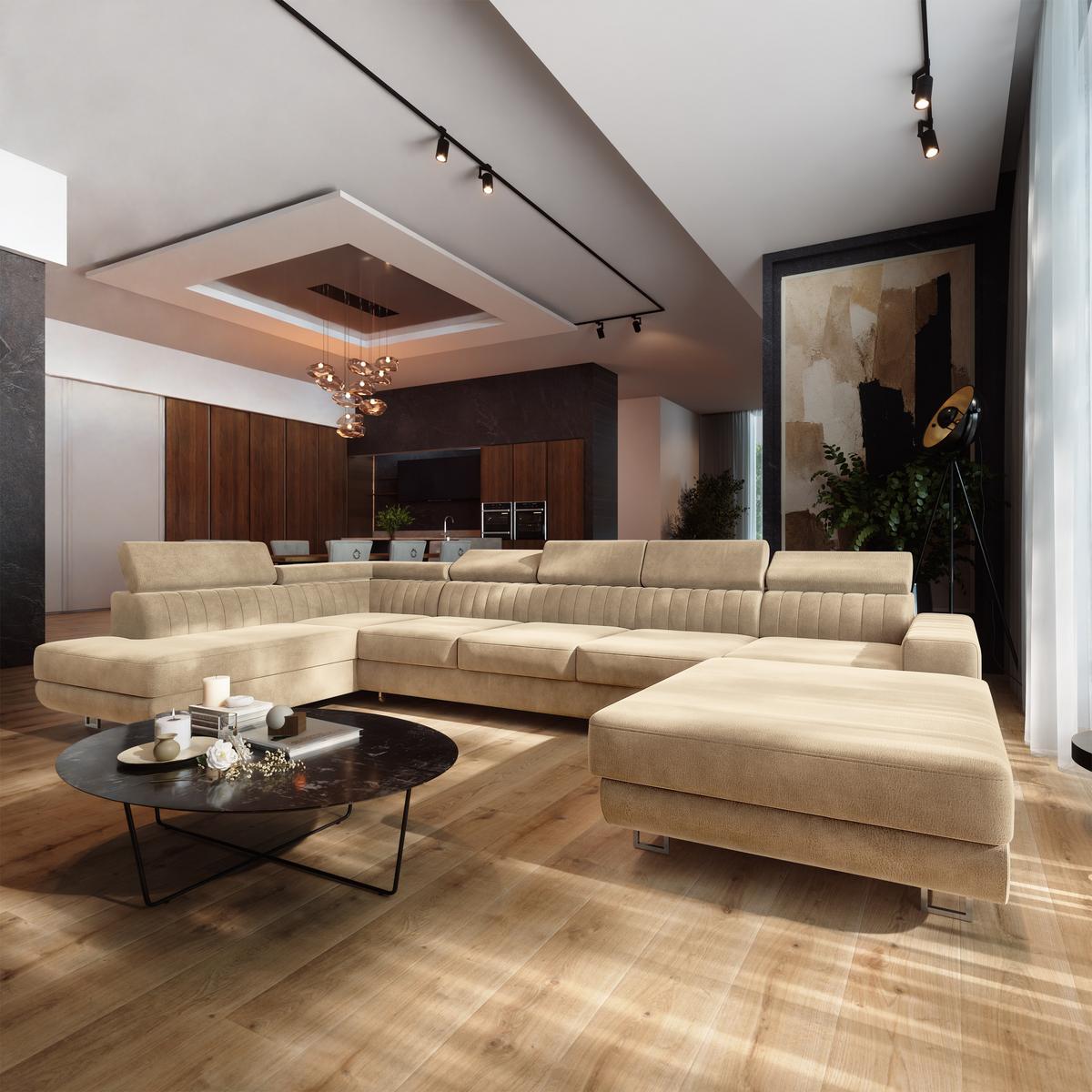 WOHNLANDSCHAFT GAIAN Creme Velours-Stoff mit Schlaffunktion - Creme, Holz (412/88/190cm) - MASSENO