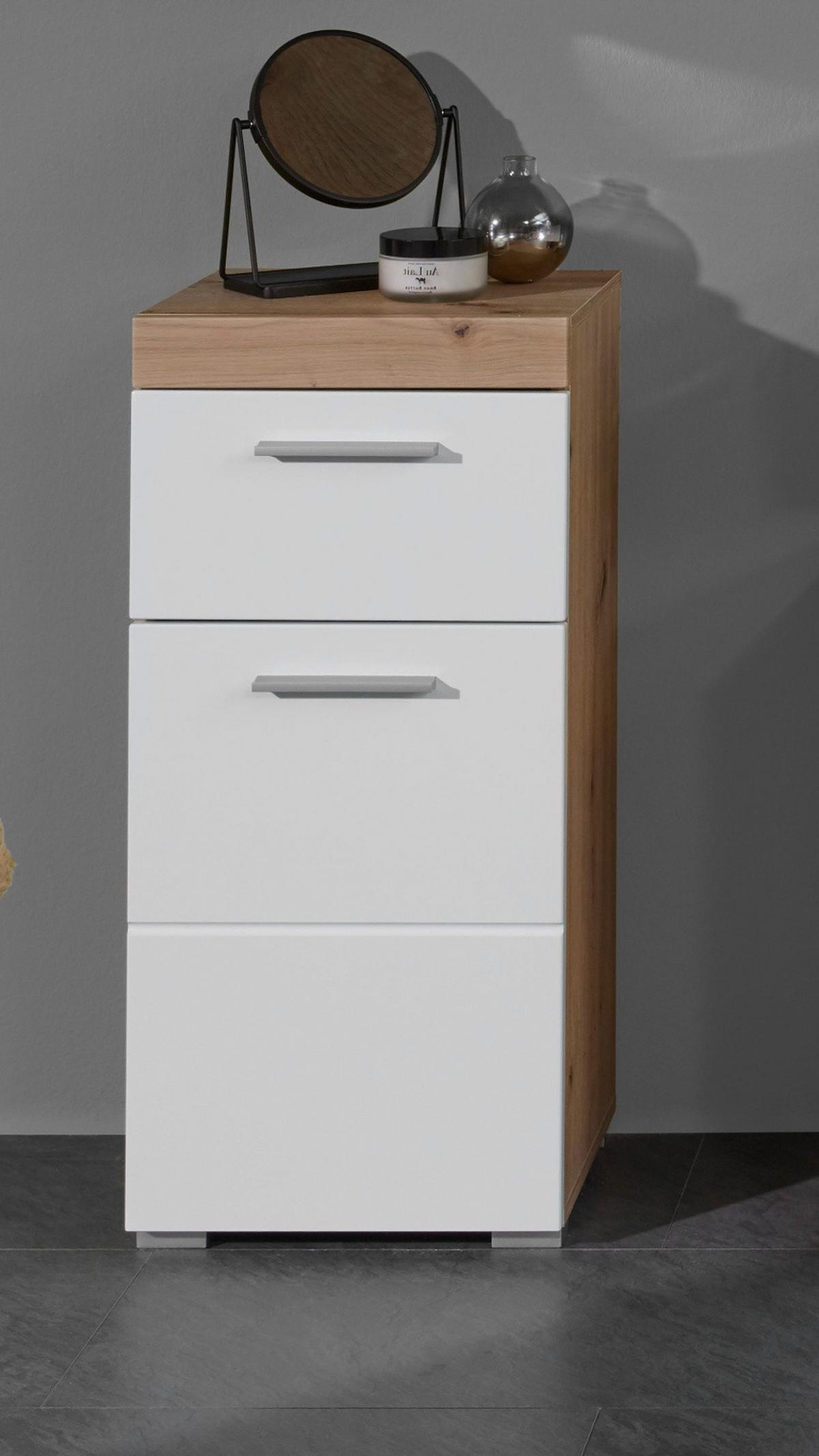 BADSCHRANK weiß Hochglanz, Asteiche 37 x 79 cm, Badezimmer Kommode modern - Eichefarben/Weiß, Holzwerkstoff/Kunststoff (37/79/31cm) - Top.Furn