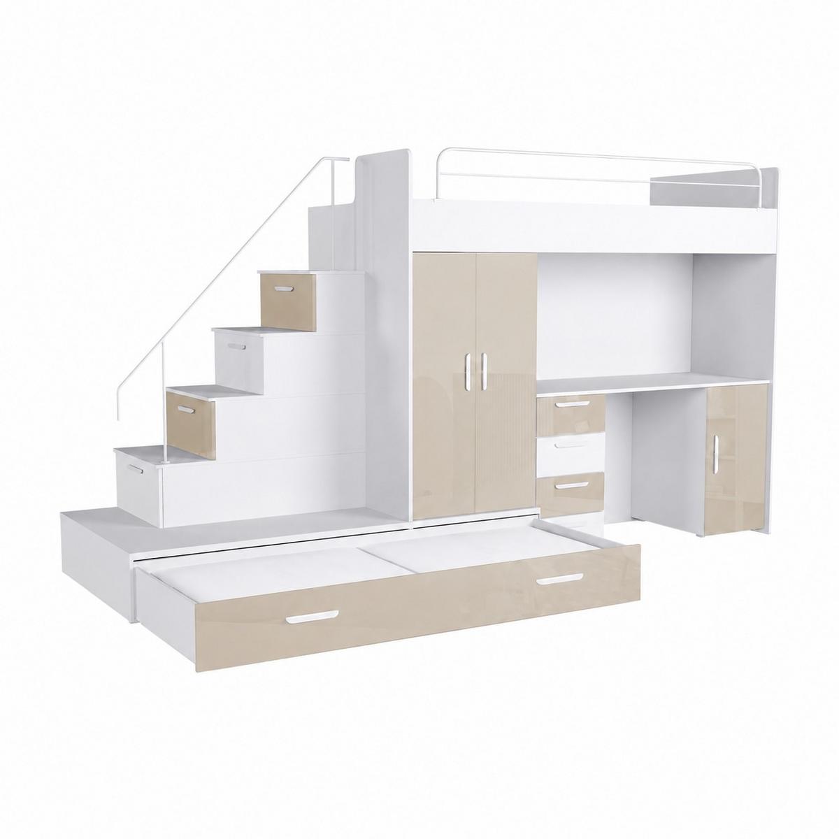 KINDERZIMMER Set RAJ 5, Hochglanz mit Hochbett, Schrank und Schreibtisch - Beige/Weiß, Holzwerkstoff (320/180/86cm) - Lookway