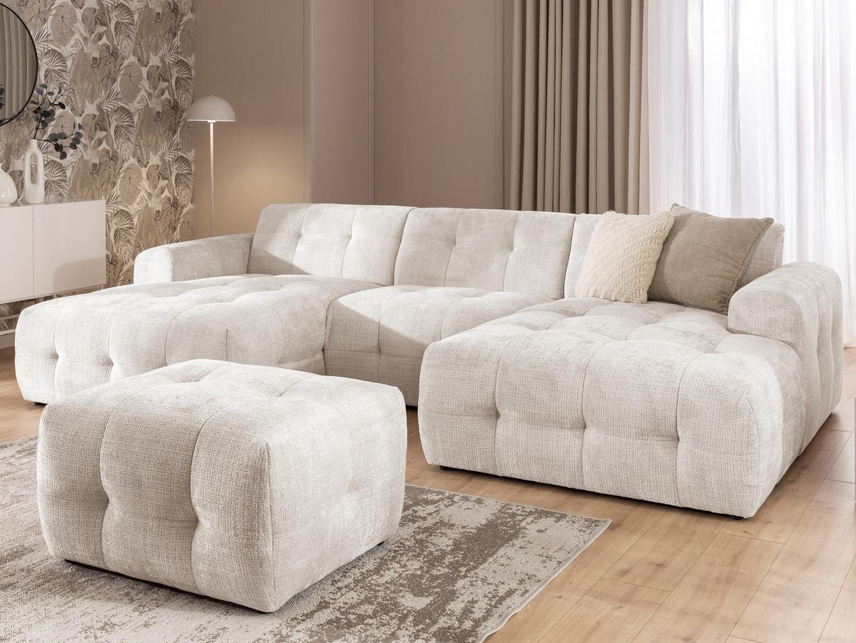 WOHNLANDSCHAFT inkl. Hocker Kozy im Bumpy-Design mit Schlaffunktion und fester Rückenlehne aus weichem Beige Chenille-Stoff - Beige/Creme, Holz/Kunststoff (323/79/161cm) - S-Style Möbel