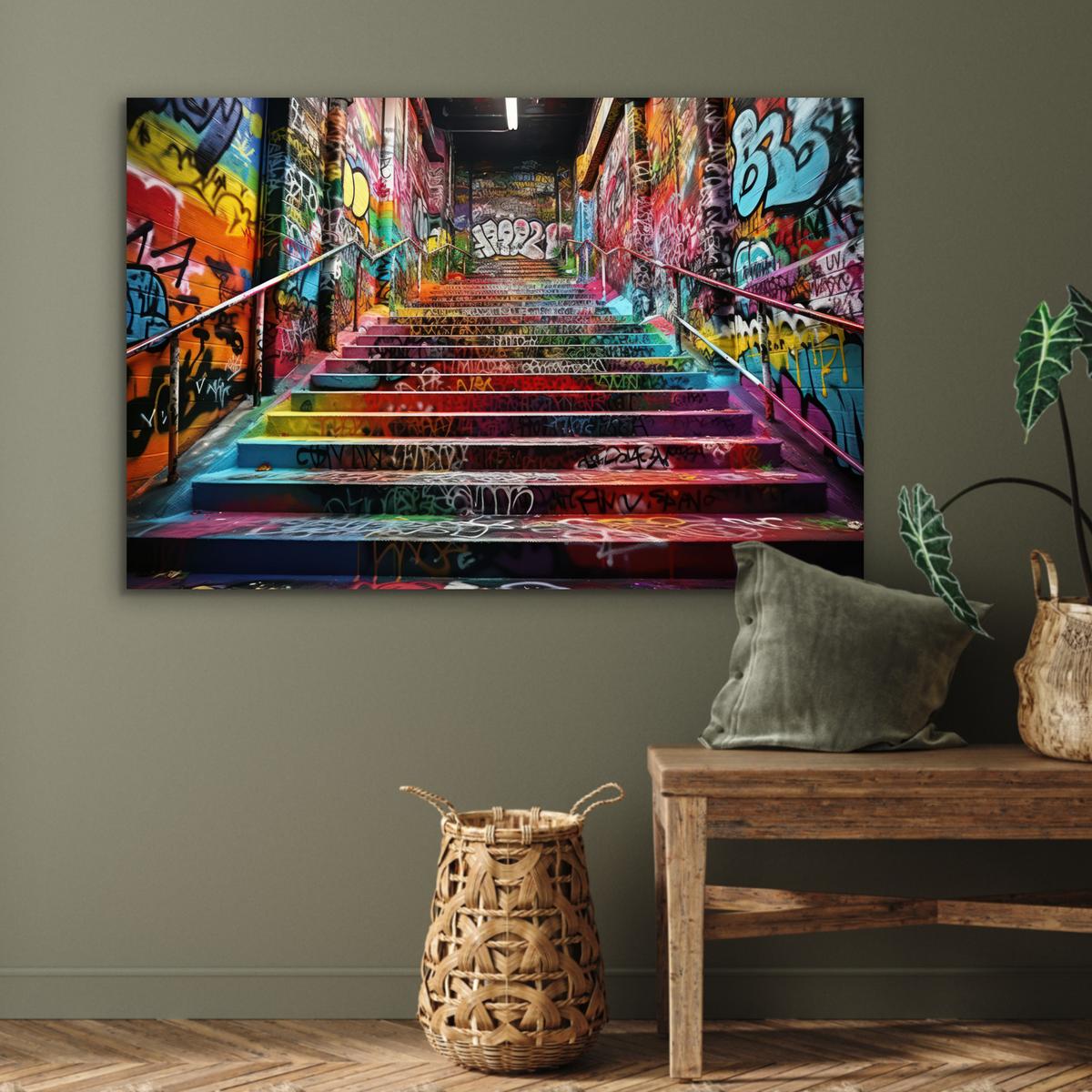METALLBILD Treppe - Graffiti - Farben - Kunst Deko Groß 120x80 cm - Multicolor, Metall (120/80cm) - MuchoWow