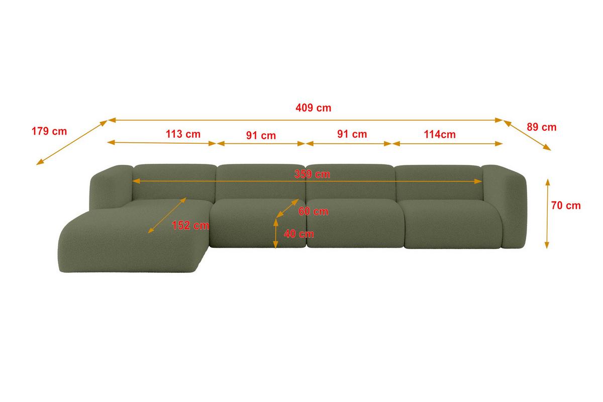 ECKSOFA Ottomane Links MIRA-L3 409x179x70 Grün Bouclé - Schwarz/Olivgrün, Holzwerkstoff/Kunststoff (409/179cm) - ALTDECOR