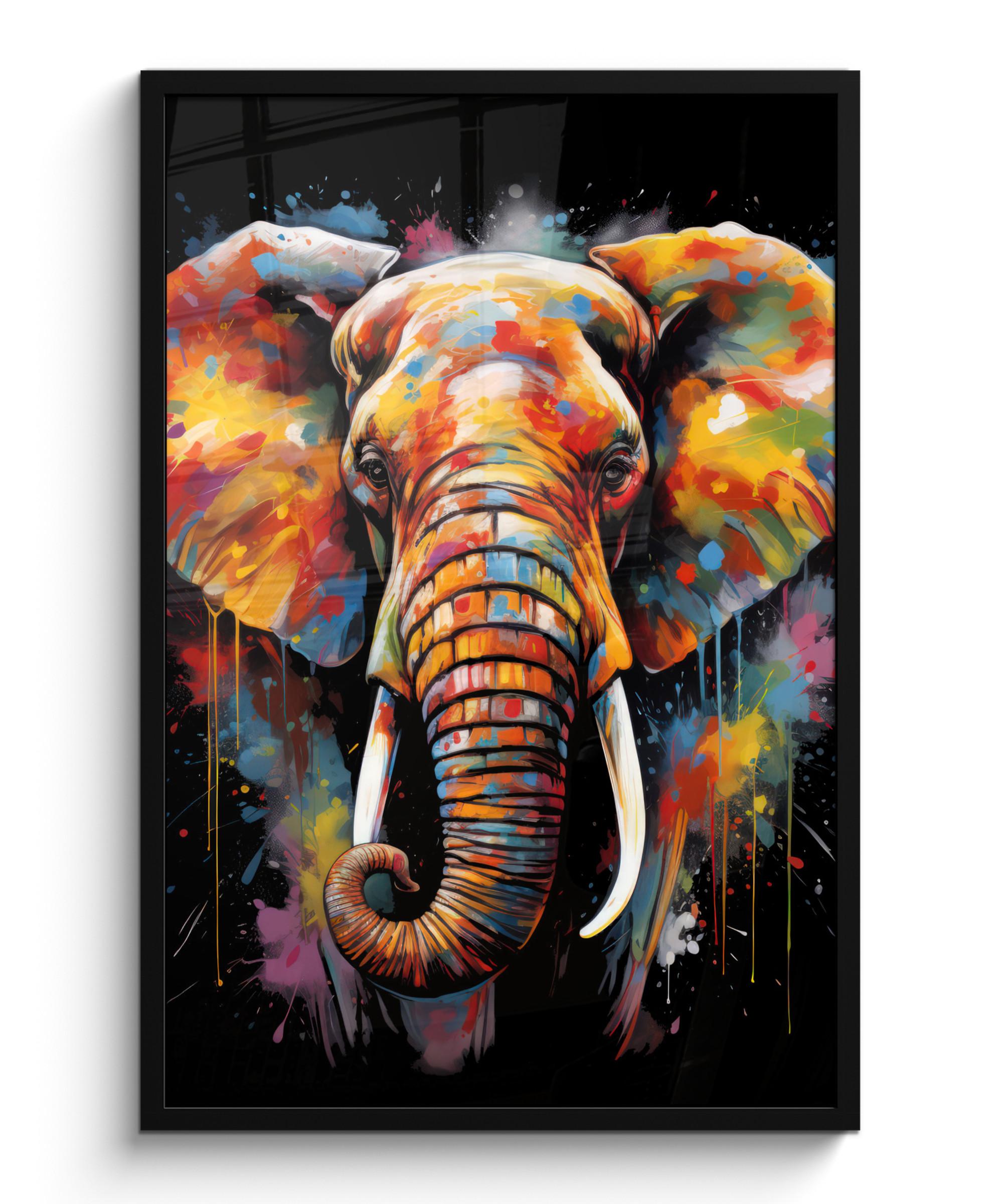POSTER MIT RAHMEN Elefant - Graffiti - Schwarz - Tiere - Farben 60x90 cm - Schwarz, Papier (60/90cm) - MuchoWow