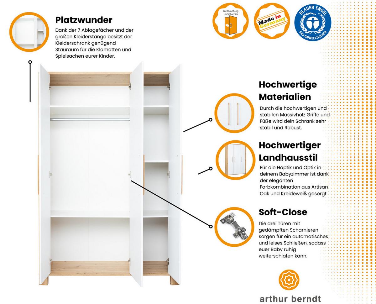 KLEIDERSCHRANK Marlon 130/195/51 cm Oak / Kreideweiß - Weiß/Eiche Artisan, Holzwerkstoff (130/195/51cm) - arthur berndt