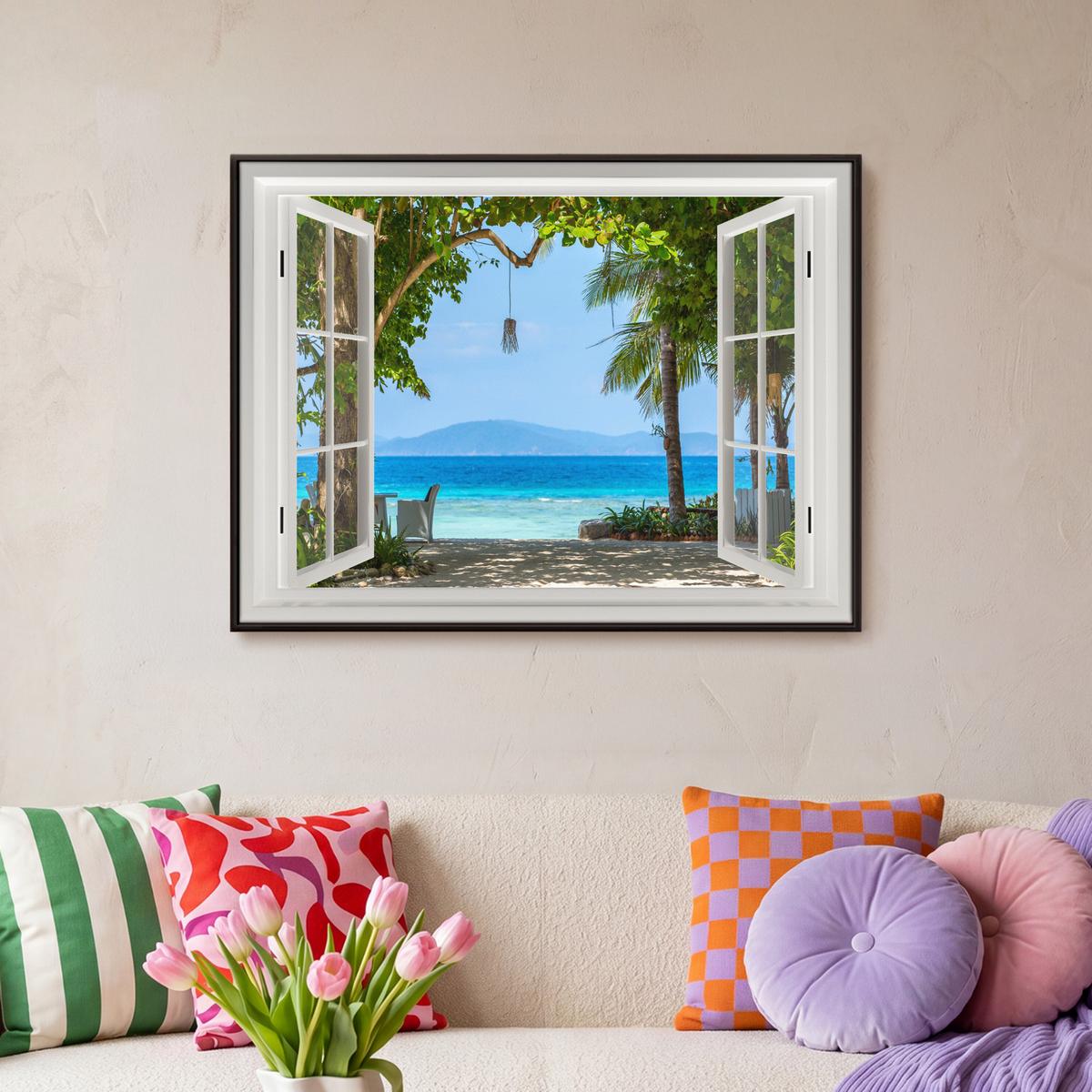 LEINWAND Bilder mit Rahmen - Aussicht - Baum - Meer - Palme - Hügel - Strand - Blau - 70x50 - Blau, Textil (70/50cm) - MuchoWow