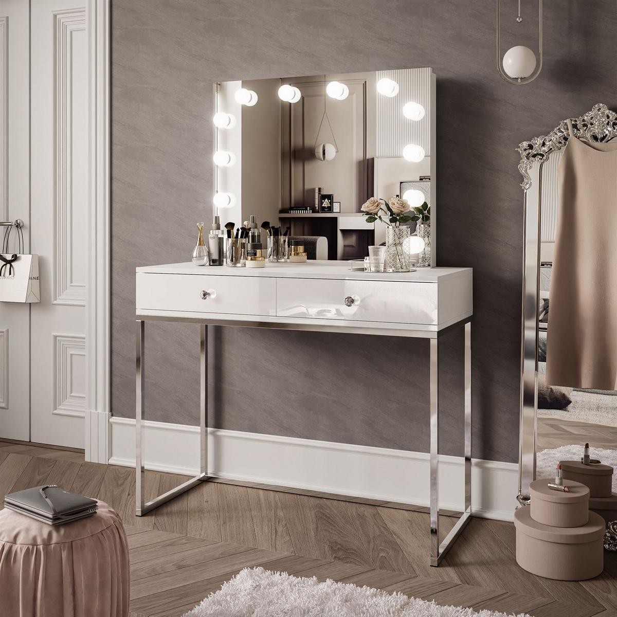 SCHMINKTISCH BLANCO GLAMOUR ELITE mit Spiegel und Beleuchtung Weiß Hochglanz Kristallgriff - Weiß Hochglanz/Silberfarben, Holzwerkstoff (100/146/42cm) - Lookway