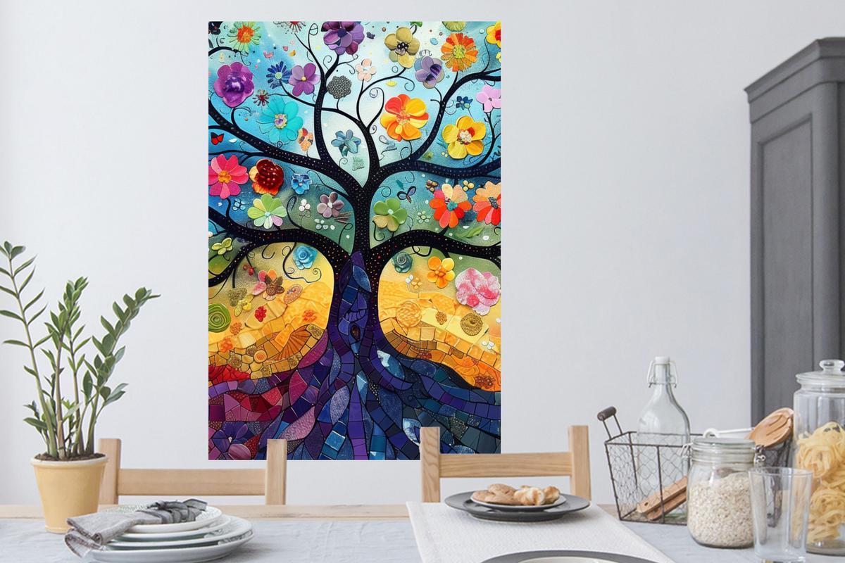 WANDTATTOO Kunst - Baum des Lebens - Blumen - Hippie Wandaufkleber 80x120 cm - Dunkelblau, Kunststoff (80/120/0.1cm) - MuchoWow