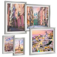 BILDER SET 5er Set - 50x50 cm & 20x30 cm & 40x60 cm Silberner Rahmen - New York Paris Oia Warschau Dämmerung - Silberfarben, Kunststoff (40/60cm) - TULUP