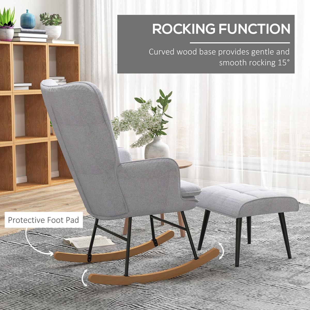 SCHAUKELSTUHL Schwingsessel mit Hocker Armlehnsessel Relaxsessel mit Leinenoptik - Hellgrau/Schwarz, Buchenholz/Textil (89/90/64cm) - HOMCOM