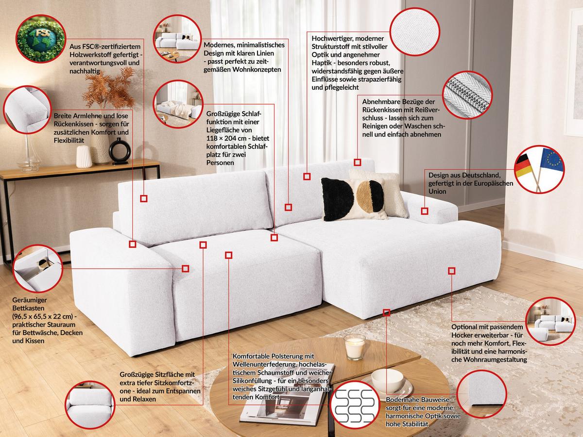 ECKSOFA Lennon aus Creme Strukturstoff mit Schlaffunktion und Bettkasten - Creme/Schwarz, Holz/Kunststoff (264/137cm) - S-Style