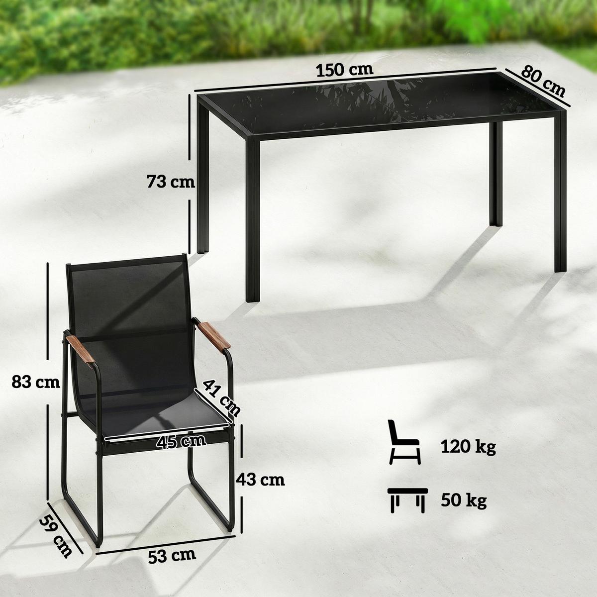 GARTENGARNITUR 7 TLG. Atmungsaktive Stühle Schwarz - Schwarz/Teakfarben, Metall - Outsunny