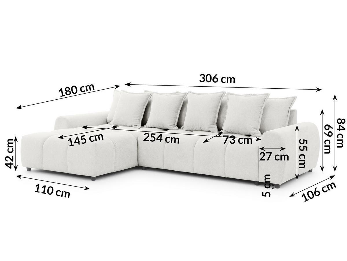 ECKSOFA Bubble mit losen Rückenkissen und Sitzfläche in Bubble-Optik aus weichem Creme Strukturstoff mit schöner Sitzkomfort - Ottomane links - Creme/Schwarz, Holz/Kunststoff (180/306cm) - S-Style Möbel