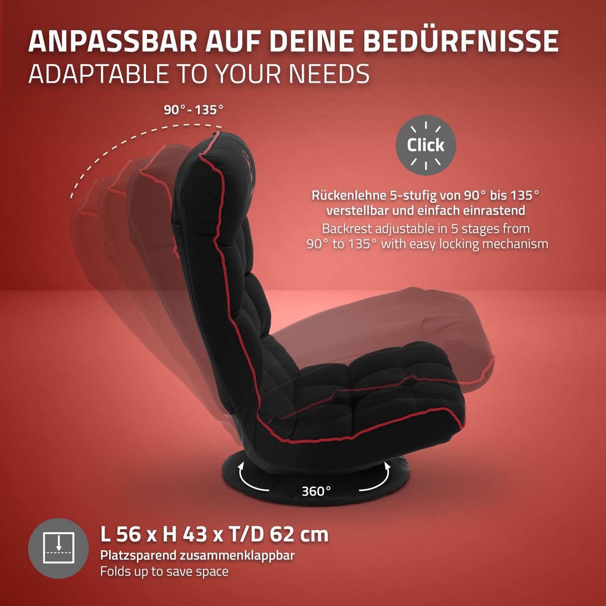 GAMING BODENSTUHL Schwarz-Rot Stoffbezug 360° drehbar & verstellbar - Rot/Schwarz, Textil (56/85/92cm) - ML-DESIGN