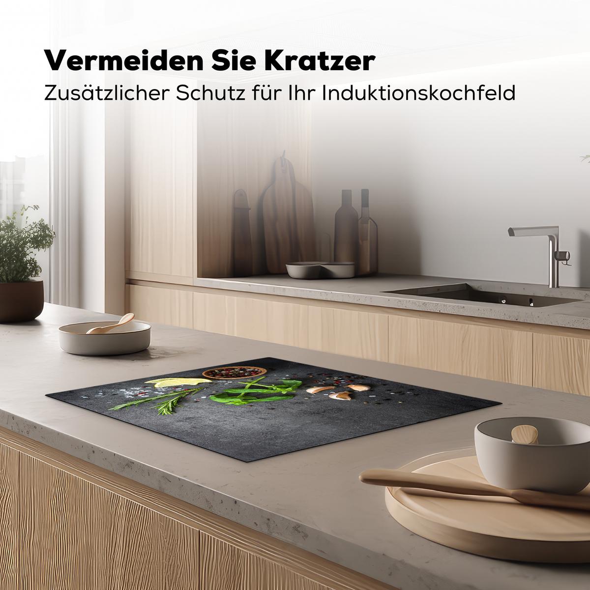 HERDABDECKPLATTE Limette - Kräuter - Gewürze - Grün - Grau - Beton Herdabdeckung Induktionsfeld 65x52 cm - Grün, Kunststoff (65/52/0.2cm) - MuchoWow