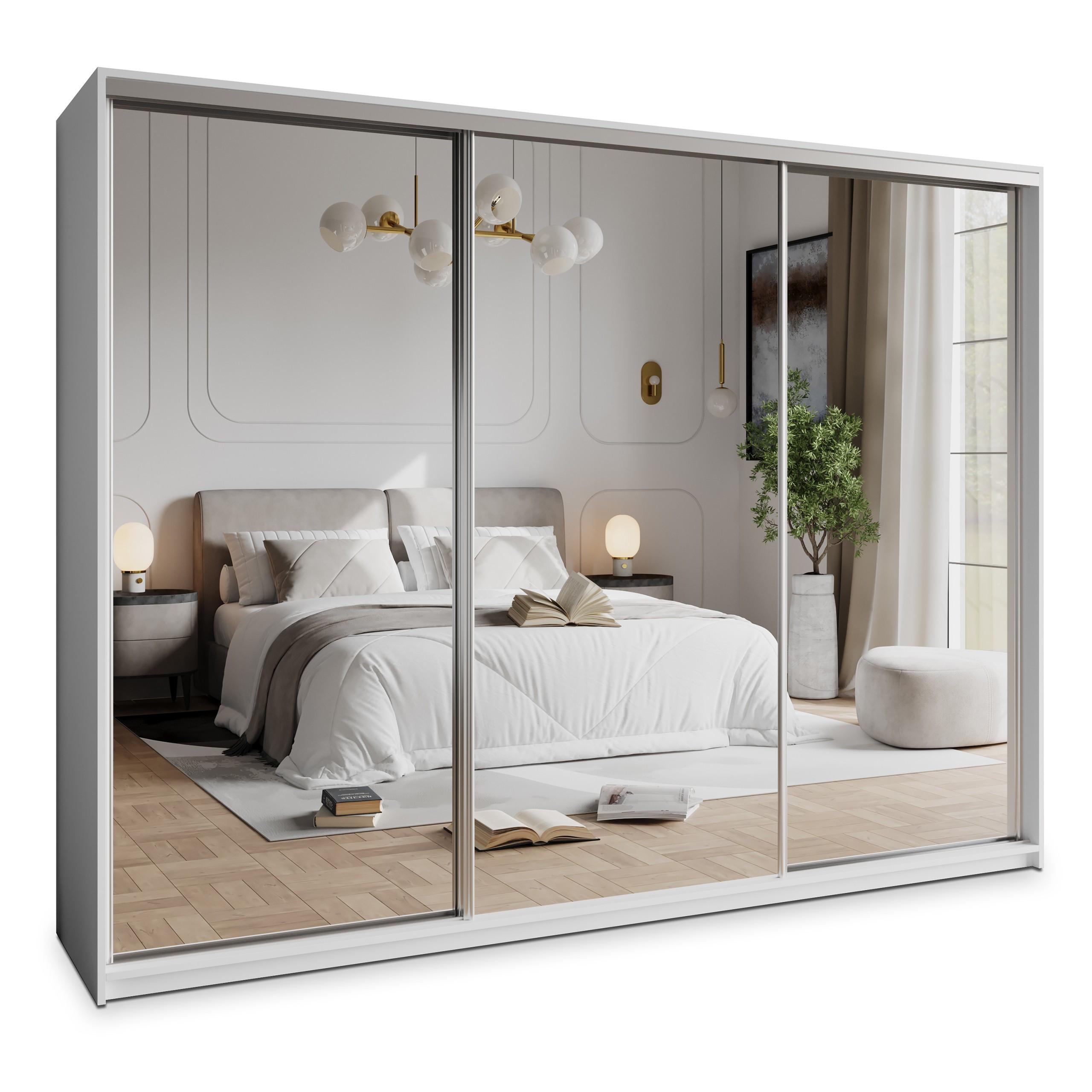 SCHWEBETÜRENSCHRANK RIEN 270/205/60 cm 3-türig mit Spiegel Weiß - Weiß, Holzwerkstoff (270/205/60cm) - MASSENO