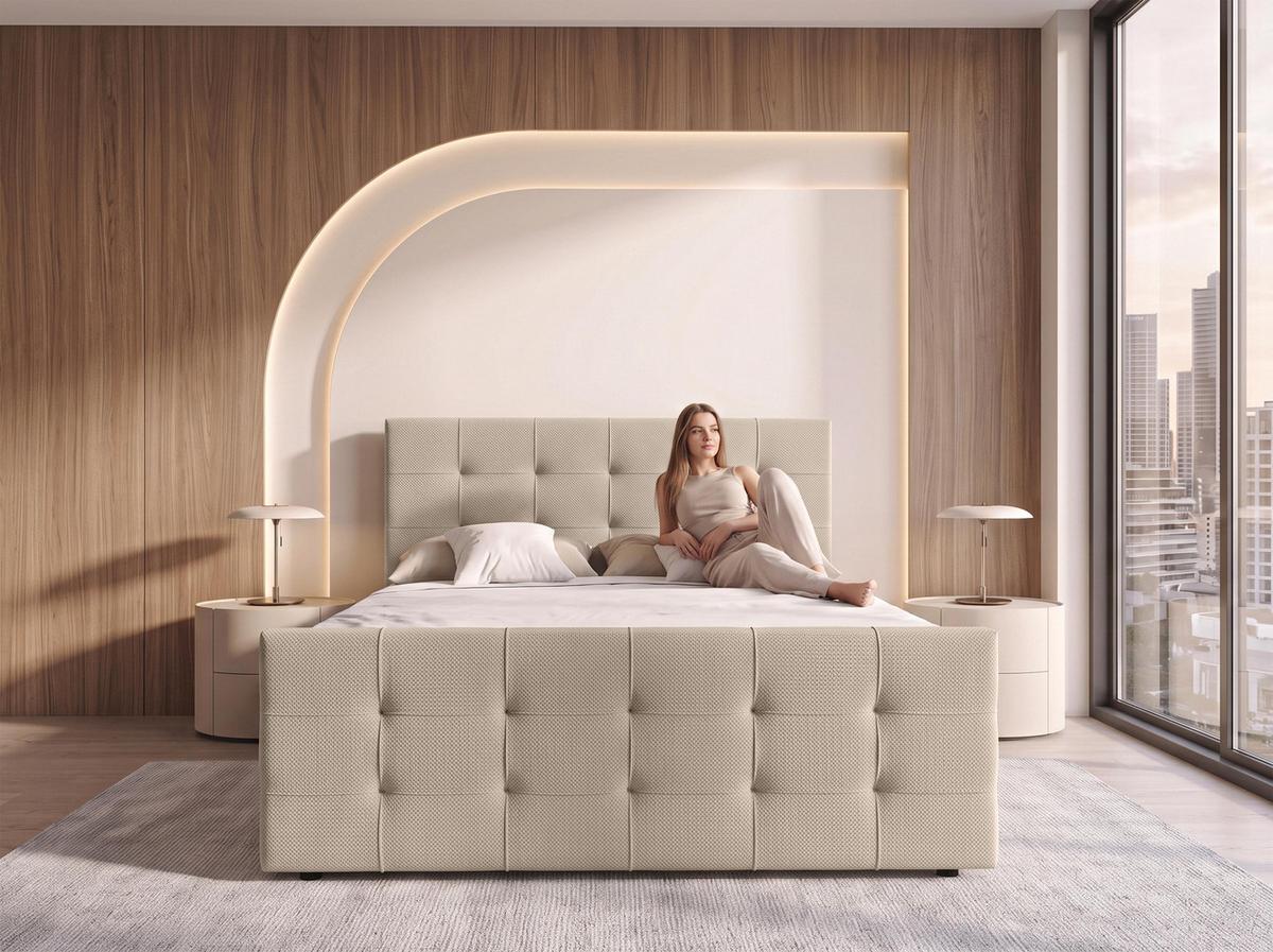 BOXBETT DEFNE 140x200 cm mit Fußteil und Matratze - Creme + TOPPER - Creme/Schwarz, Holz/Holzwerkstoff (140/200cm) - AX Living