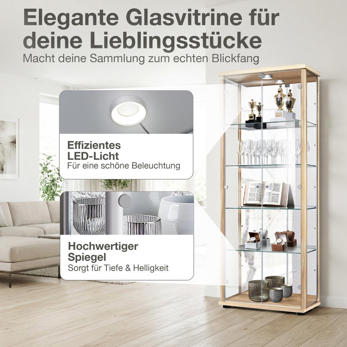 VITRINE 33/67/176 cm mit Spiegel, LED, Schloss & 4 höhenverstellbaren Glasböden - Transparent/Silberfarben, Glas/Holzwerkstoff (67/176/33cm) - K-Möbel