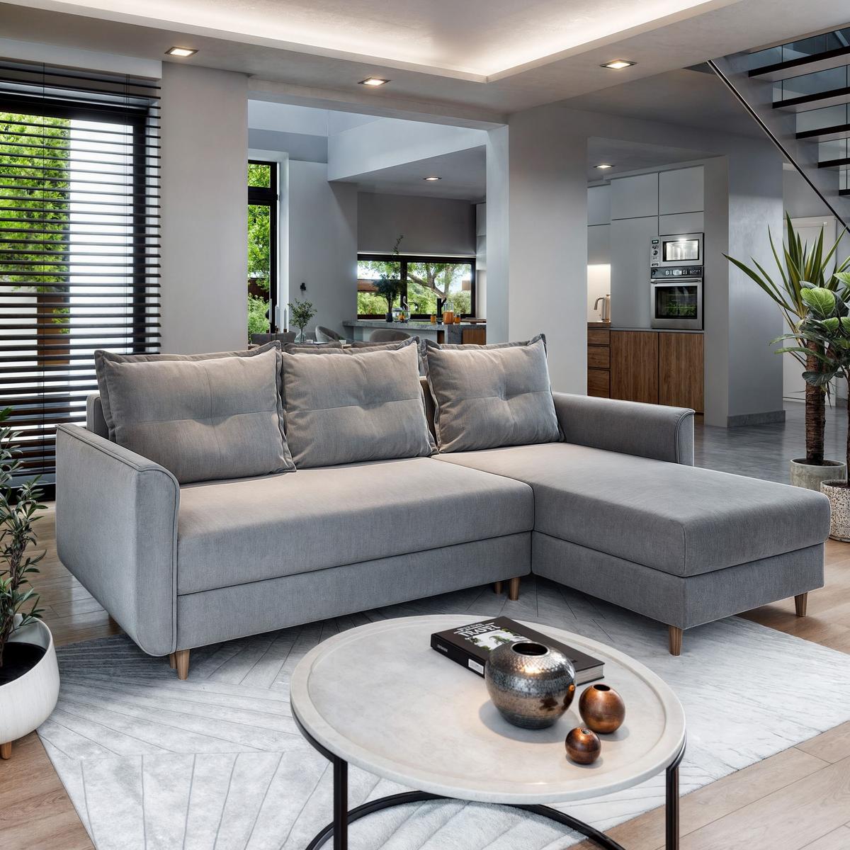 ECKSOFA PISAN R-S Hellgrau Plüsch-Stoff mit Schlaffunktion - Hellgrau/Braun, Holz/Textil (220/140cm) - MASSENO