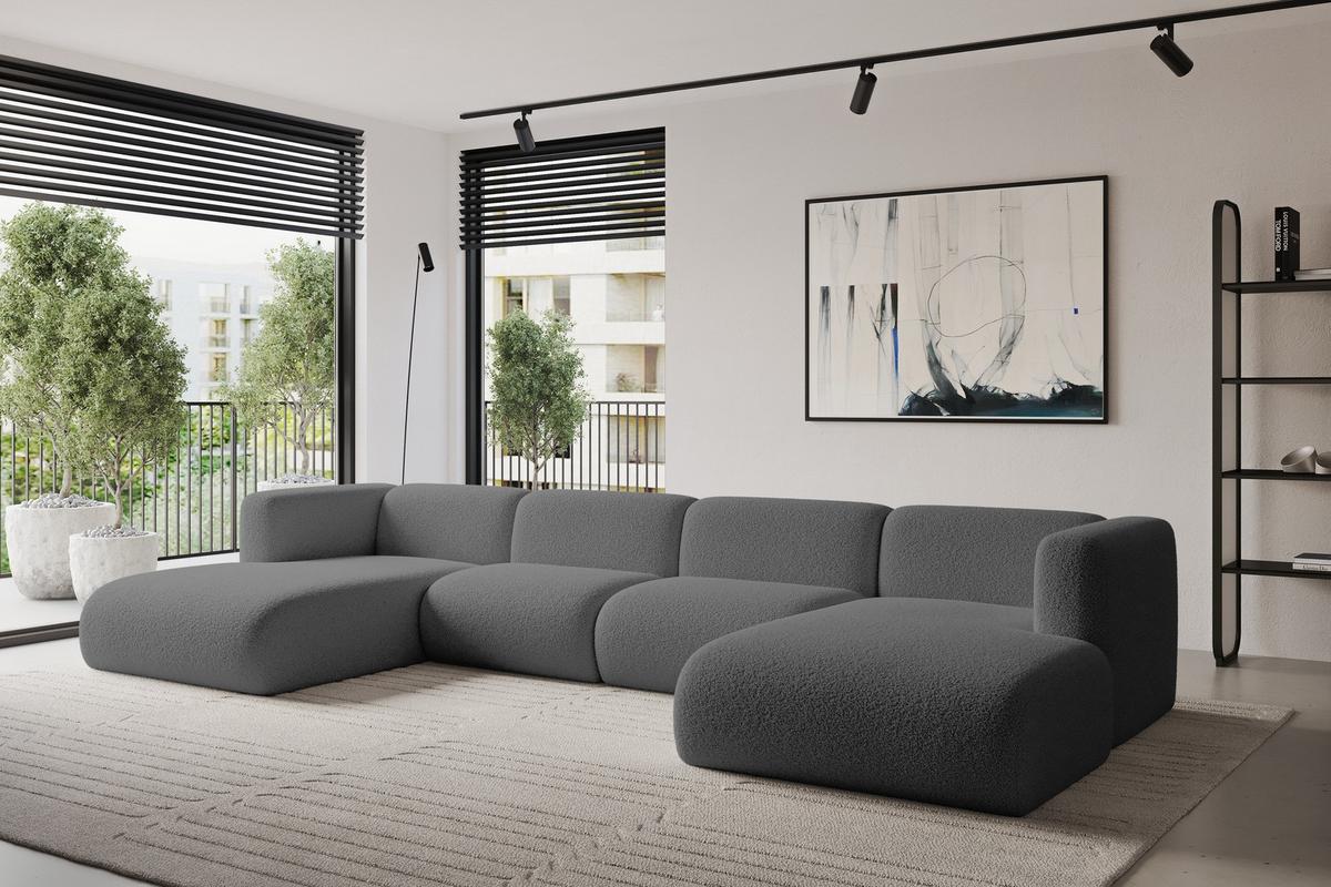 WOHNLANDSCHAFT MIRA-U2 408x179x70 Grau Bouclé - Platinfarben/Schwarz, Holzwerkstoff/Kunststoff (408/70/179cm) - ALTDECOR