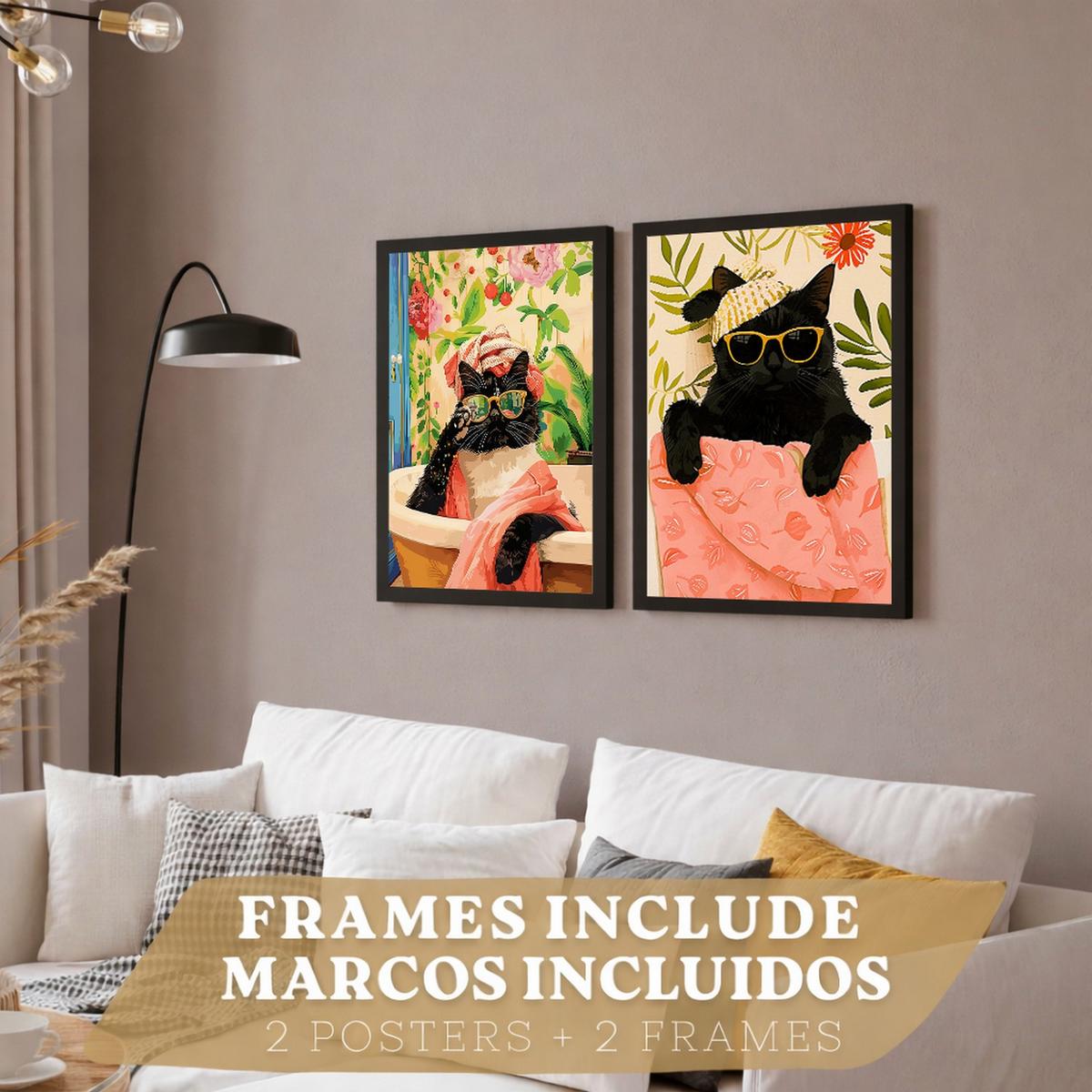 POSTER 2er Kunstdruck-Set Wandbilder Katzen Badezimmer modern Wohnzimmer Deko, Schlafzimmer, Küche Schwarzer Rahmen A4 - Schwarz, Papier (29.7/1/21cm) - Nacnic