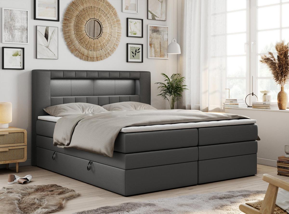 BOXSPRINGBETT GOLD-5 KING LED 180/200 Dunkelgrau Kunstleder - H3 - Dunkelgrau, Holz/Textil (180/200cm) - MKS
