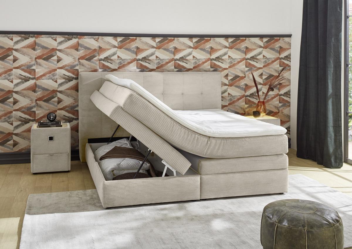 BOXSPRINGBETT 180x200 cm, 7-Zonen-Tonnentaschen-Federkernmatratzen H3, Topper, Bonell-Federkern, 2 Bettkästen, Cord Beige Grau / 20039 - Greige/Schwarz, Kunststoff/Textil (180/200cm) - luma-home