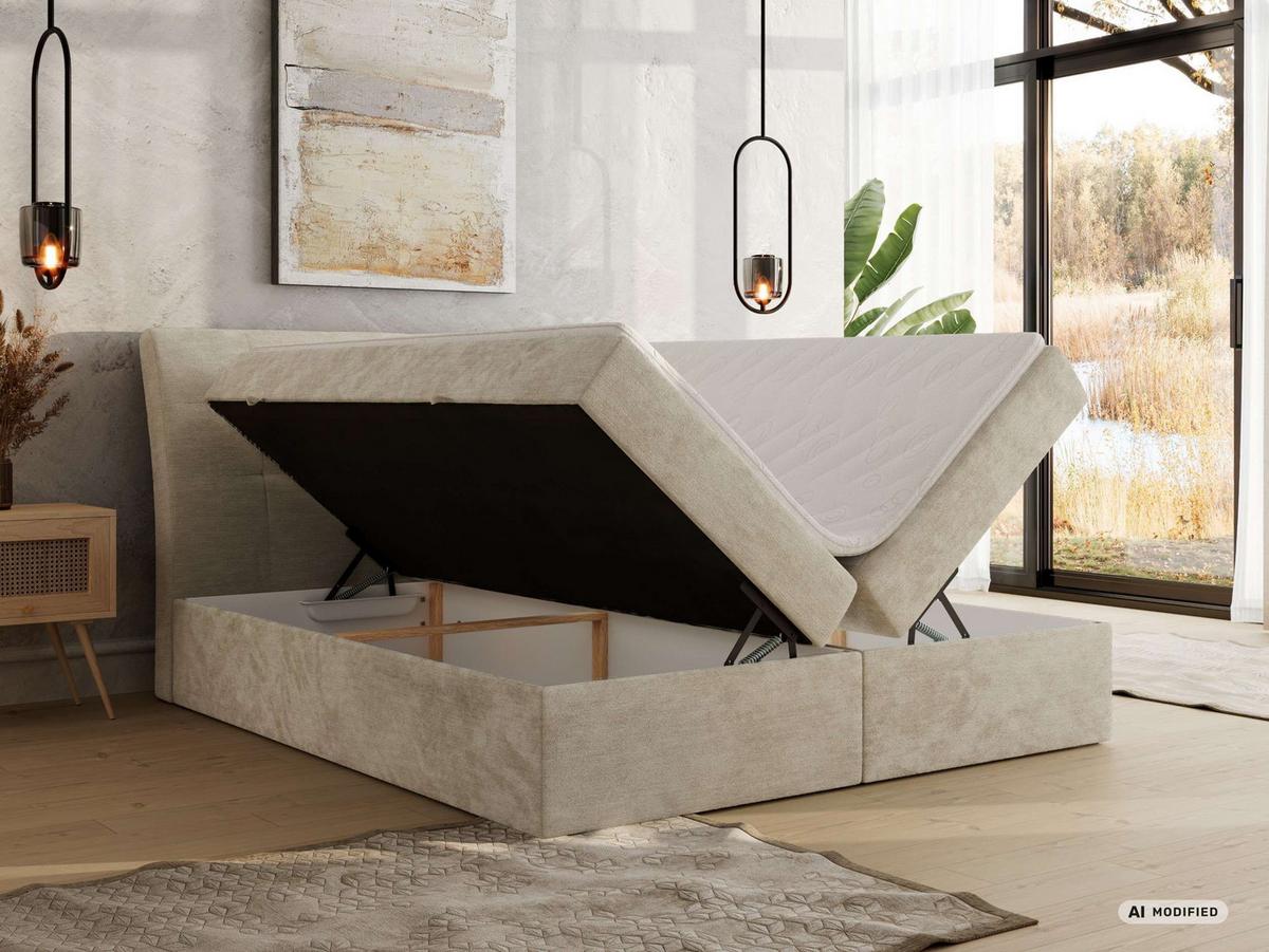 BOXBETT DAGOS 120/200 - Beige Schenille glatt - Topper T25 - H3 - Beige/Schwarz, Kunststoff/Textil (120/200cm) - MKS