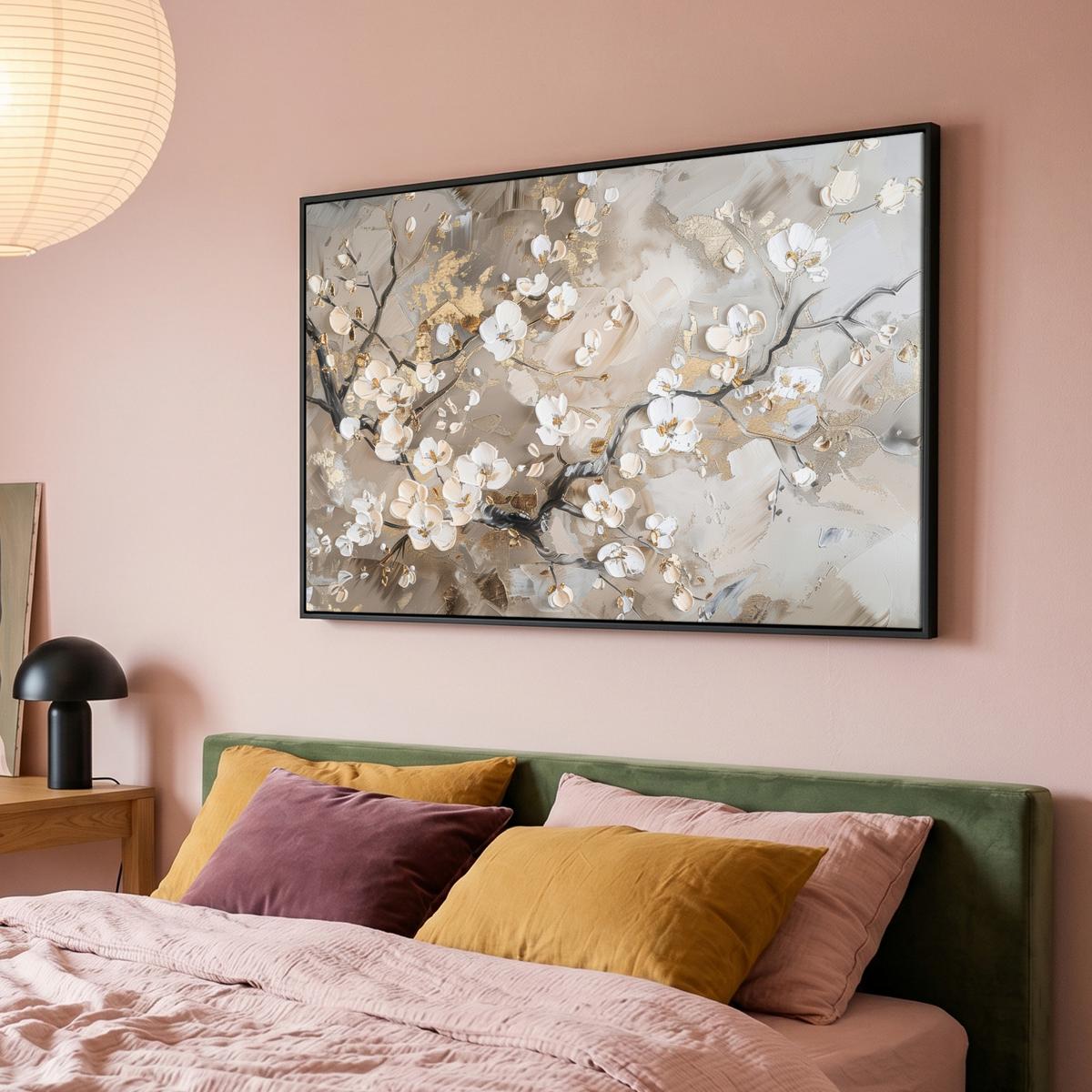 LEINWAND Bilder mit Rahmen - Blumen - Weiß - Gold - Beige - Luxus - 150x100 - Greige, Textil (150/100cm) - MuchoWow