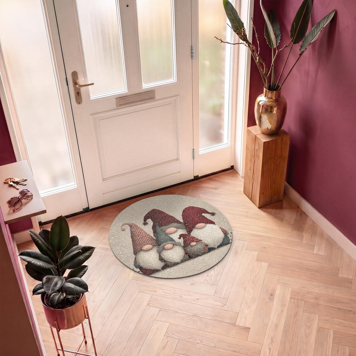 FUSSMATTE Wichtel - Weihnachten - Schnee - Zipfelmützen Türmatte 90x90 cm - Beige, Kunststoff (90/0.4cm) - MuchoWow