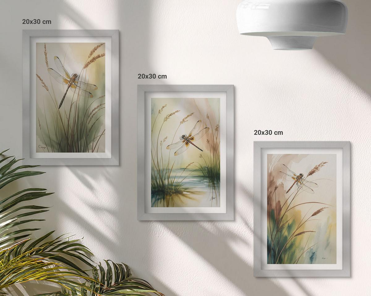 BILDER SET 3er Set - 20x30 cm Silberner Rahmen - Libellen im Gras, Wassermalerei - Silberfarben, Kunststoff (20/30cm) - TULUP