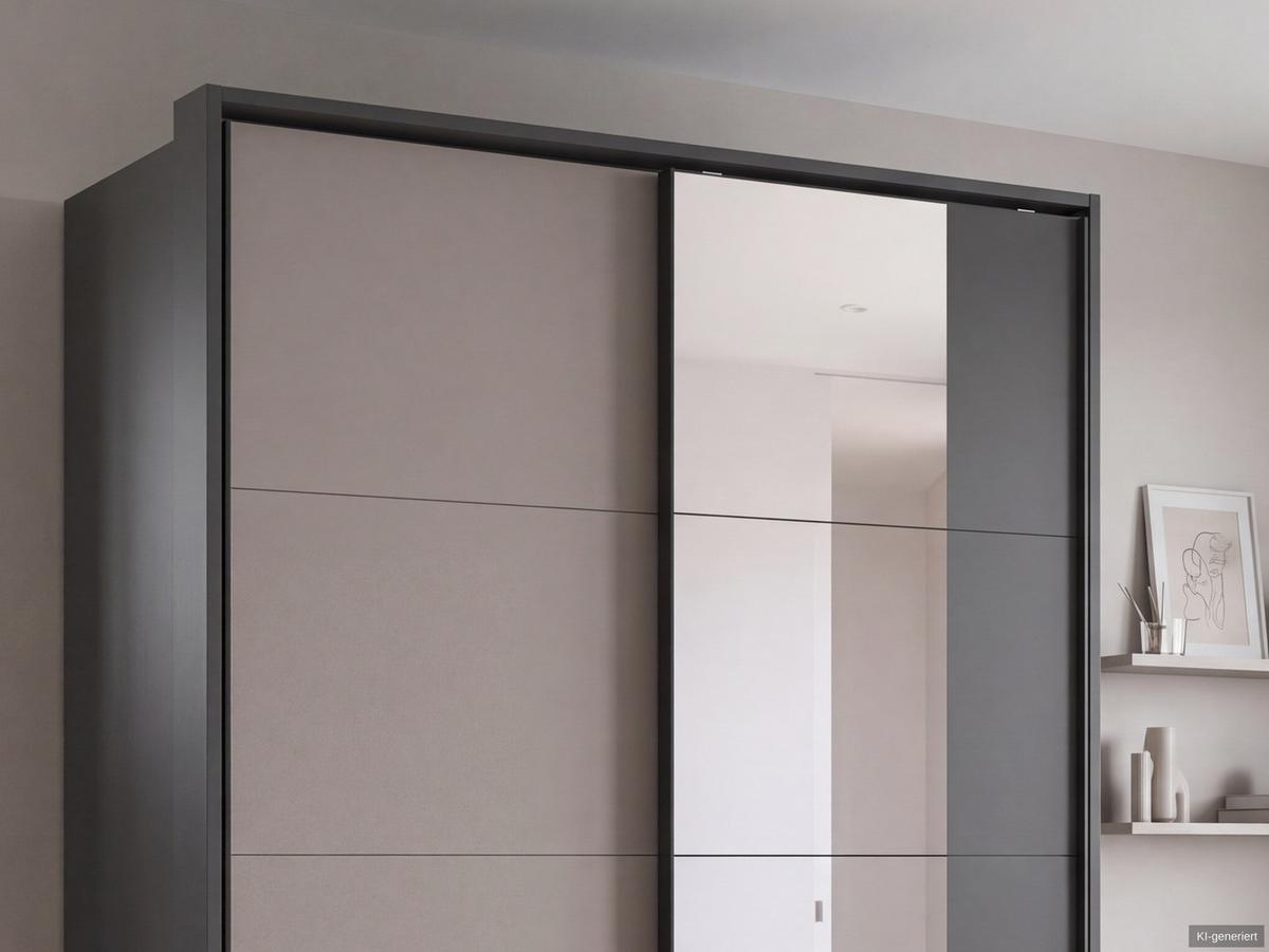 SCHWEBETÜRENSCHRANK 2-türig B138/H200/T65 cm, Passepartout-Kleiderschrank mit Spiegel & sichtbaren Schubkästen in Grafit, 1x Tür in Sandgrau / 22687 - Sandfarben/Graphitfarben, Holz/Holzwerkstoff (138/200/65cm) - luma-home