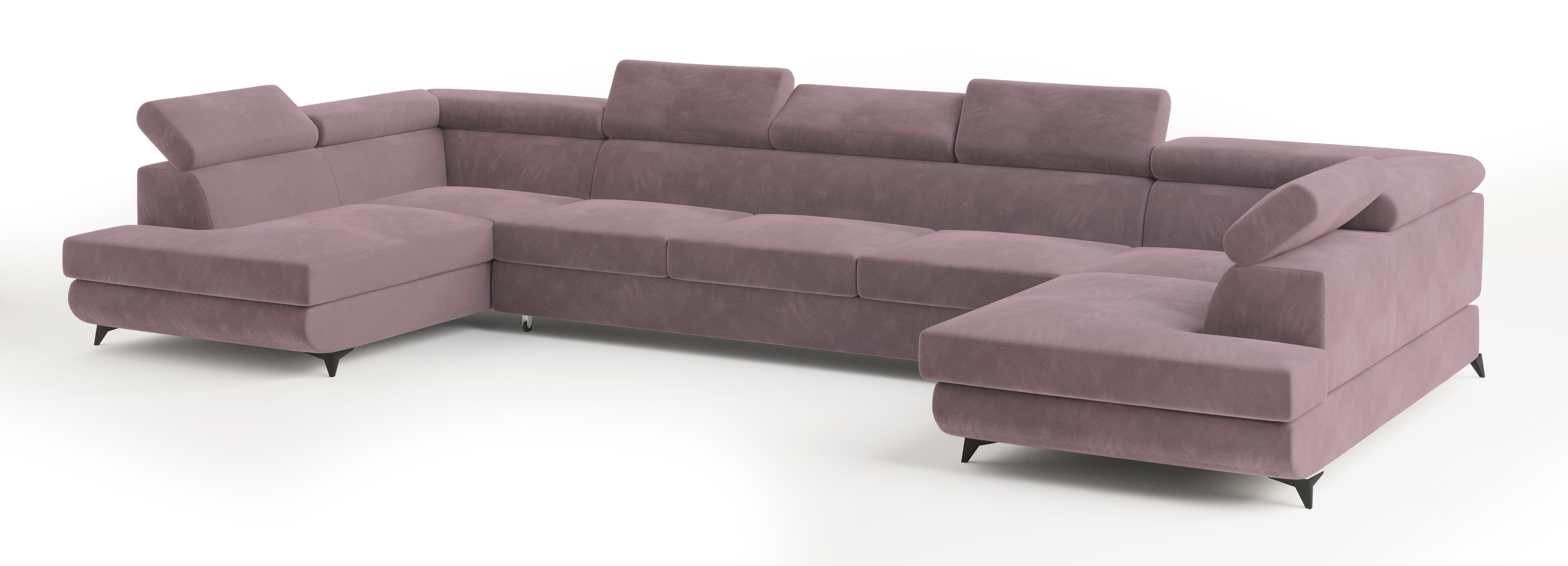 WOHNLANDSCHAFT URMANO Lila Velours-Stoff mit Schlaffunktion - Lila, Holz (395/89/190cm) - MASSENO