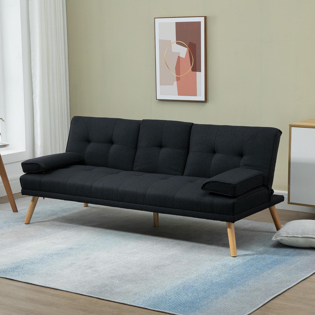 SCHLAFSOFA, 3-Sitzer-Schlafcouch mit Klappbarem Tisch, Becherhalter, Grau - Naturfarben/Grau, Holz/Textil (77/78/181cm) - HOMCOM