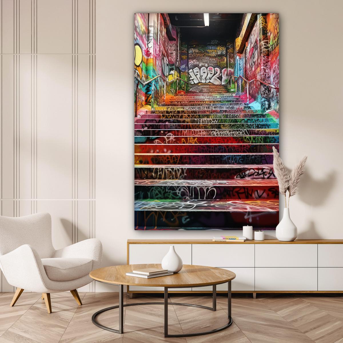 LEINWANDBILD Treppe - Graffiti - Farben - Kunst Deko Groß 90x140 cm - Multicolor, Textil (90/140cm) - MuchoWow