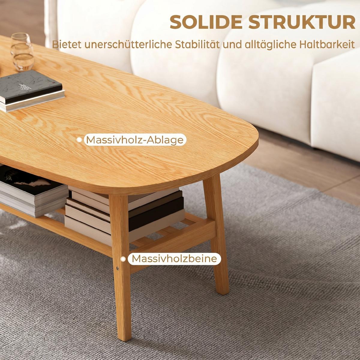 COUCHTISCH Mehrschichtplatte Kautschukbaumholz Naturholz - Naturfarben, Holz/Holzwerkstoff (120/60/42cm) - HOMCOM