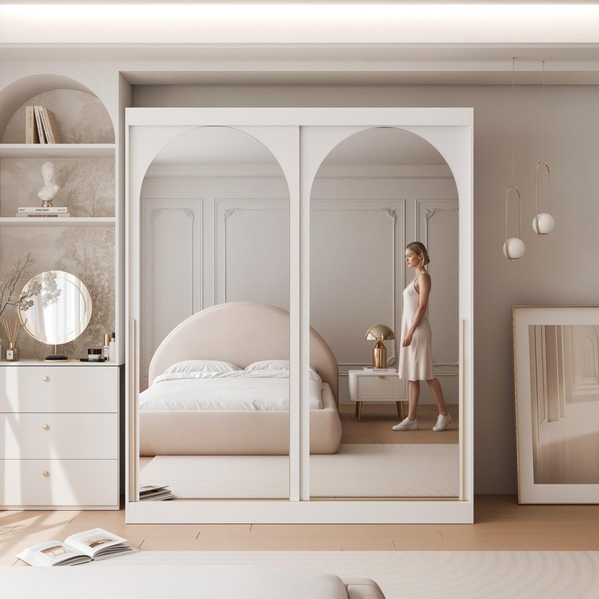 SCHWEBETÜRENSCHRANK CLARITY 2-türig 180/65/215 cm Weiß / goldene Griffe - Goldfarben/Weiß, Holzwerkstoff/Kunststoff (180/215/65cm) - Idohome