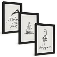 BILDER SET 3er Set - 20x30 cm Schwarzer Rahmen - Weinsegelboot-Glas-Linienzeichnung - Schwarz, Kunststoff (20/30cm) - TULUP