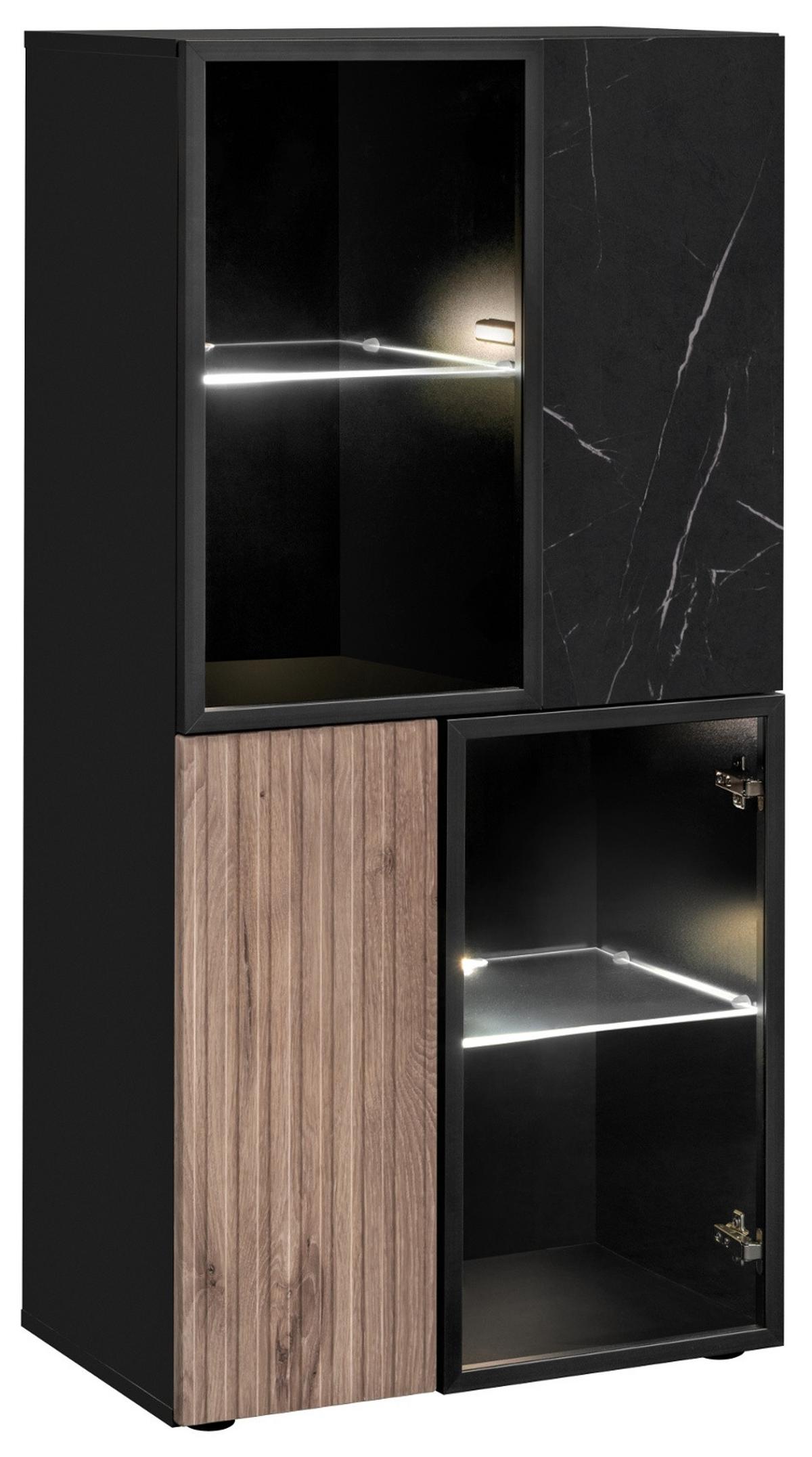 WOHNWAND Eiche, Marmor schwarz 300 cm, Anbauwand inklusive Ethanol Kamin - Eichefarben/Schwarz, Glas/Holzwerkstoff (300/182/45cm) - Inn.Furn