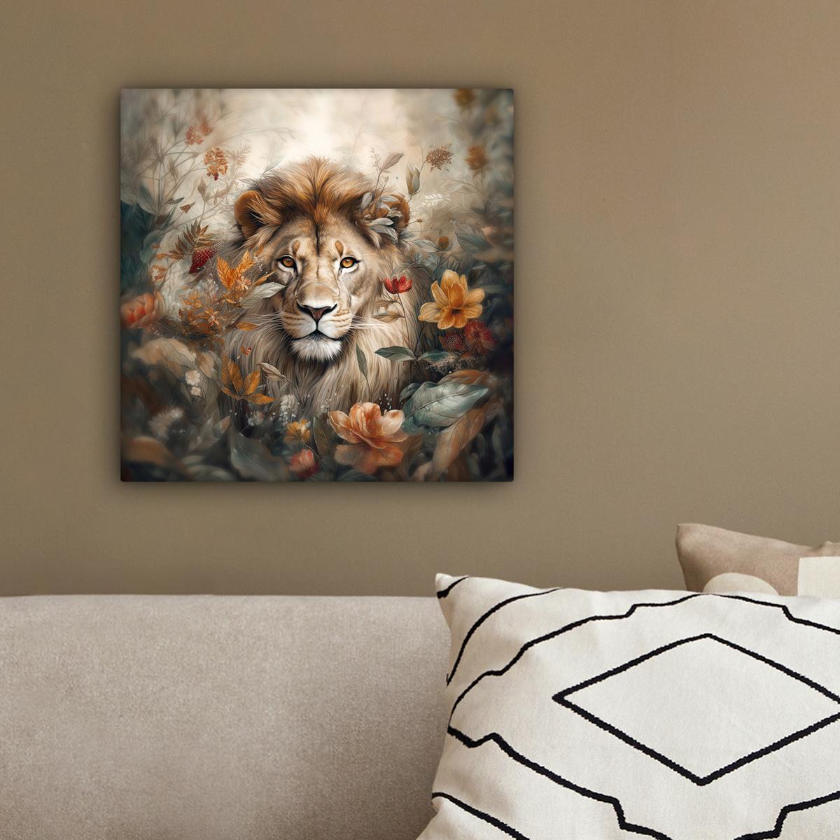 LEINWANDBILD Löwe - Wildtiere - Pflanzen - Natur - Blumen Deko Wohnzimmer 20x20 cm - Beige, Textil (20/20cm) - MuchoWow