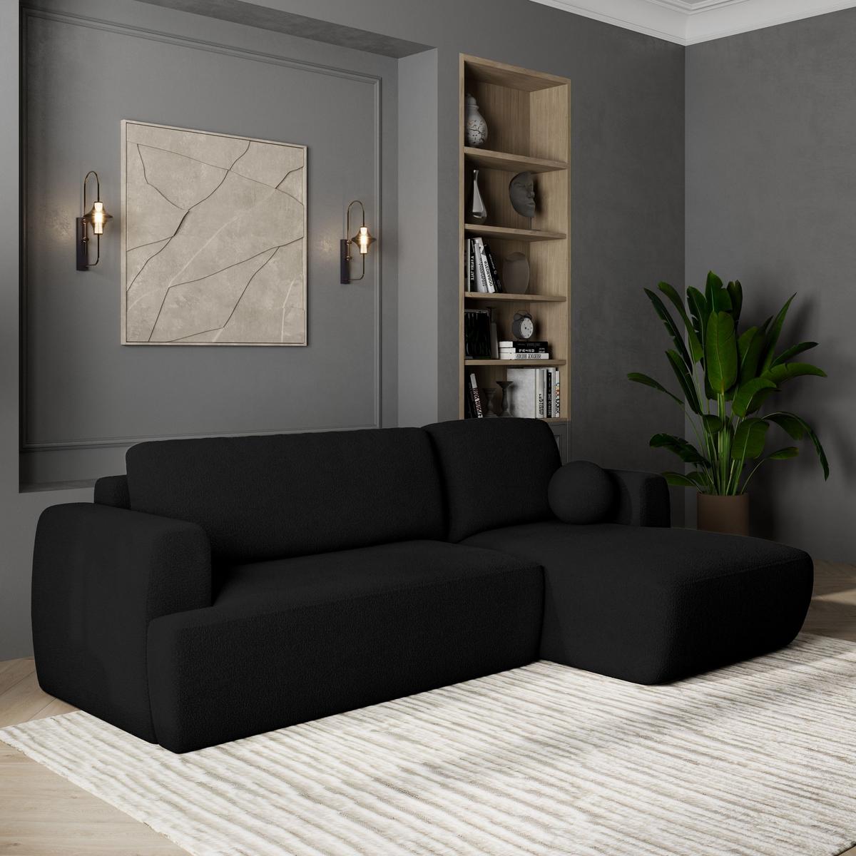 ECKSOFA SENTI N R-S Schwarz Boucle-Stoff mit Schlaffunktion - Schwarz, Holz/Kunststoff (246/148cm) - MASSENO