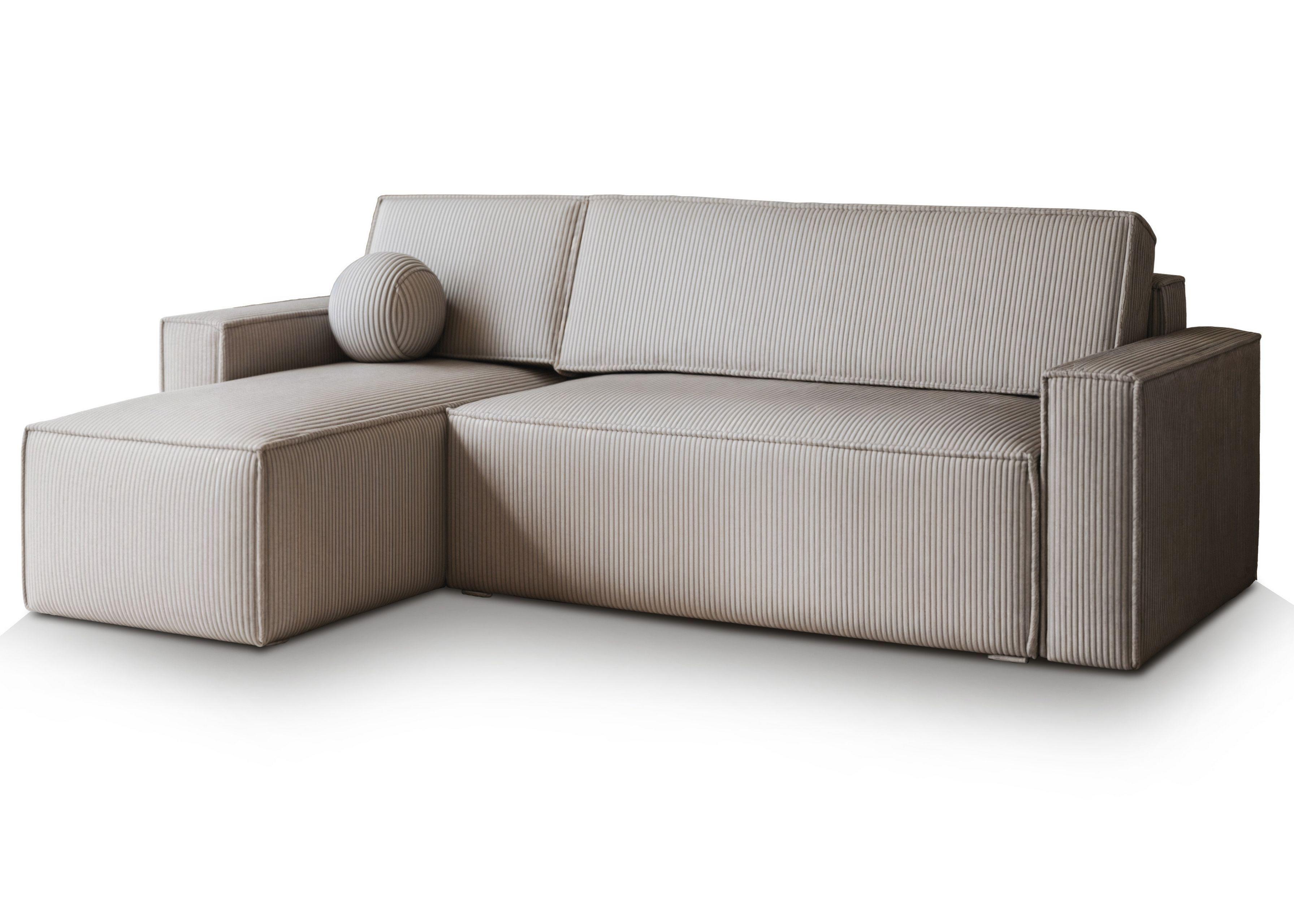 ECKSOFA RAVELO P Hellgrau Kordstoff mit Schlaffunktion - Hellgrau/Grau, Holz/Kunststoff (240/140cm) - MASSENO