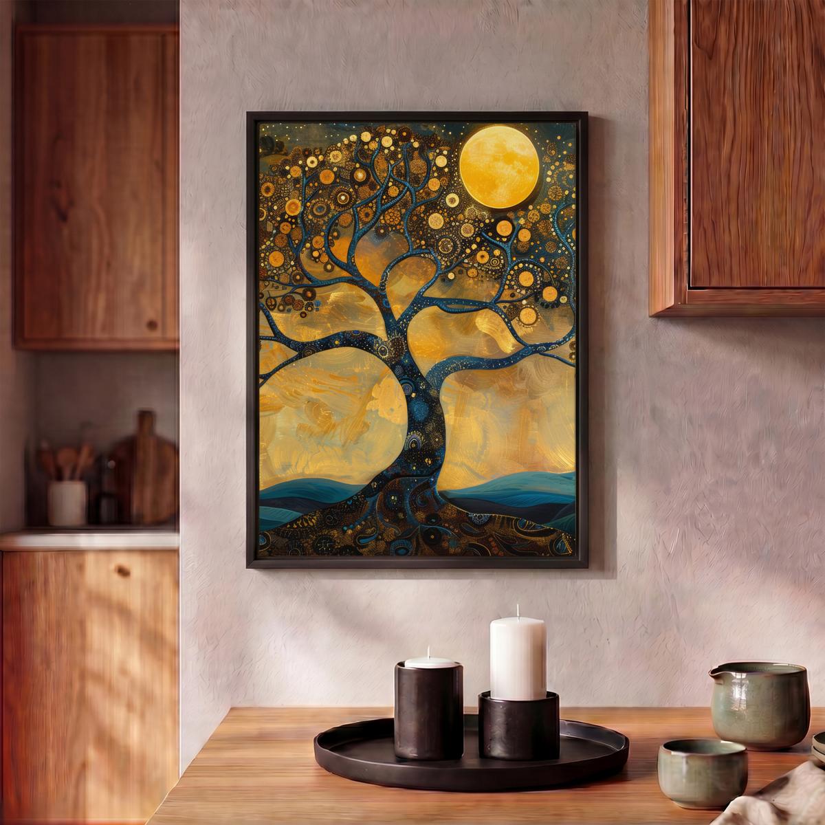 LEINWAND Bilder mit Rahmen - Baum - Mond - Blumen - Gold - Kunst - 30x40 - Orange, Textil (30/40cm) - MuchoWow